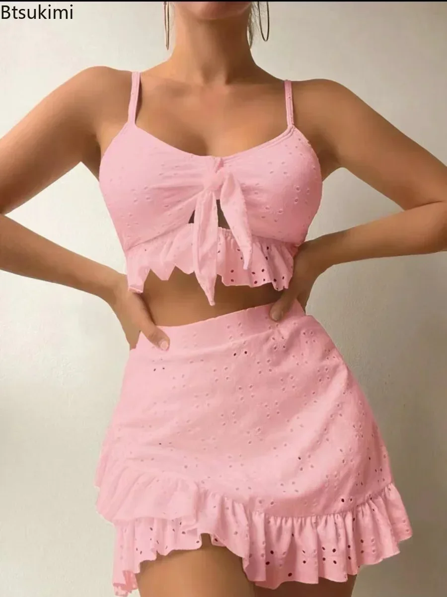 Conjunto de Bikini blanco de 3 piezas para mujer, traje de baño con cuello Halter, falda de realce con volantes, cintura alta, 2024