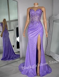 Luxury Lilac Purple Glitter Prom Dress 2024 For Women Sexy Bustier Sheer Appliqué High Split Dress vestidos de noche