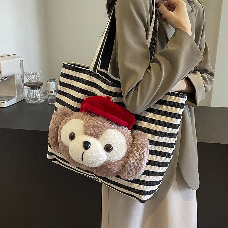 Disney Duffy Bear Cute Casual Handbag Cartoon Doll Stylish Simple Shopping Striped Canvas Large Capacity Shoulder Bag