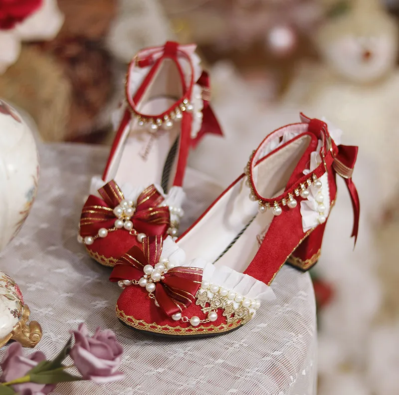 Original Lolita Shoes Chinese New Year Red National Style Chinese Style High Heels Lolita Wedding Shoes Winter High Heels Women