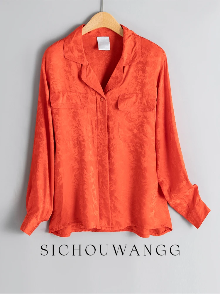 

New heavyweight silk long sleeved shirt women's jacquard plain crepe satin versatile loose mulberry top collar