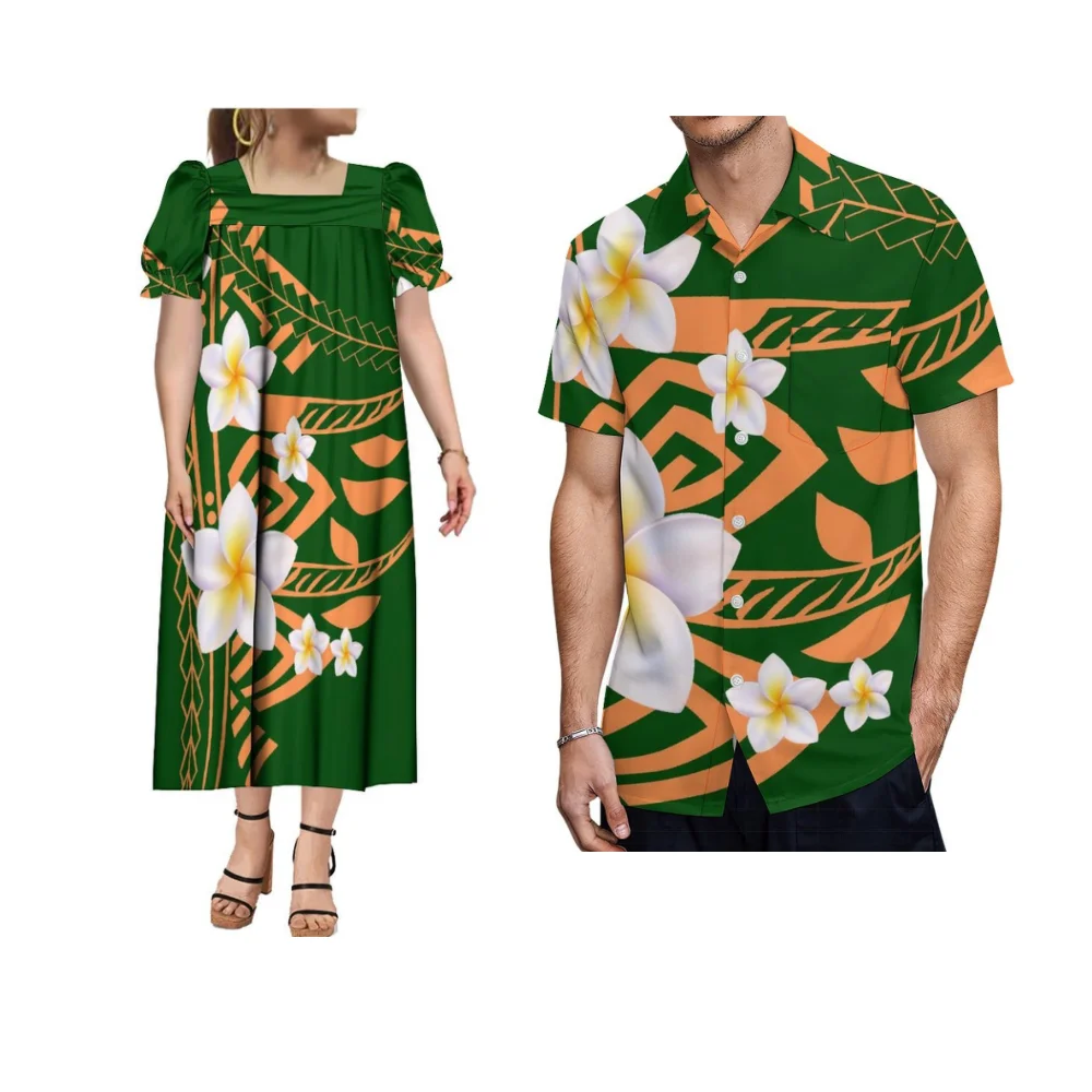 Imposta inclusa Abito Mumu a maniche corte retrò con maniche a sbuffo allentate Abito personalizzato da donna polinesiano Camicia da uomo Abiti da coppia