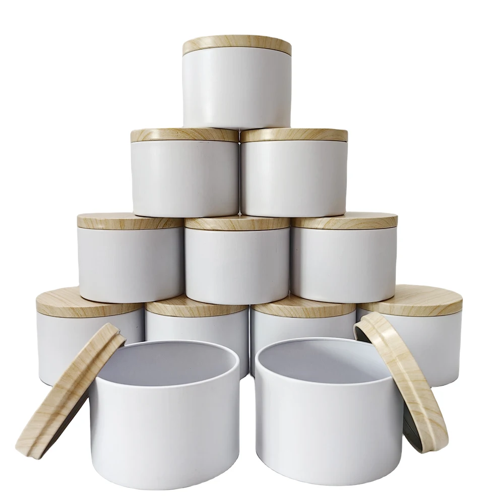 White Candle Jars with wooden pattern Lid Round Metal Candle Container Tins Storage Box for DIY Salves Skin Care Beauty Samples