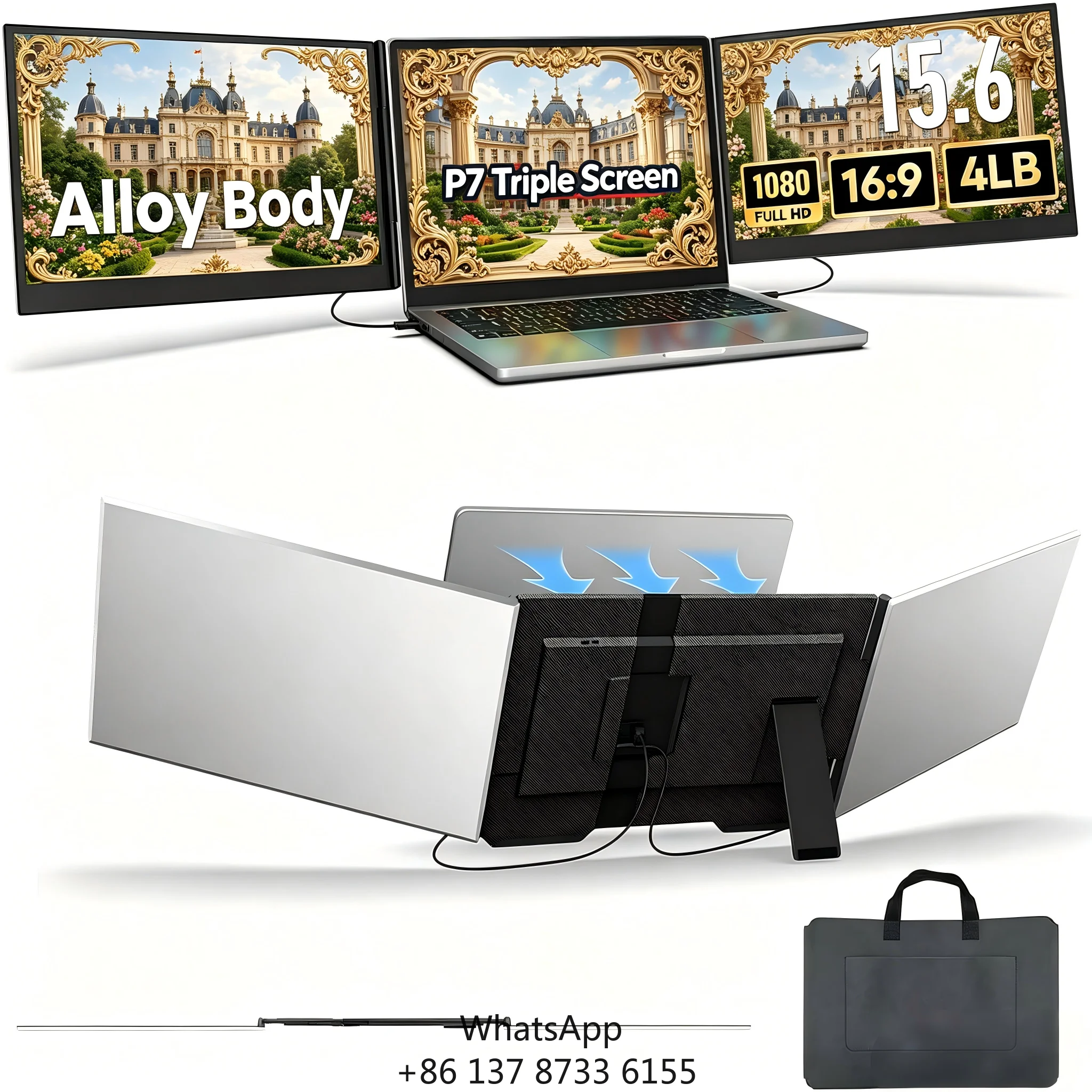 Portable Business Launch Monitor Type-C Triple For Laptop Magnetic Rotation Multi-Angle Stand Full HD 15.6 Inch IPS LCD Display