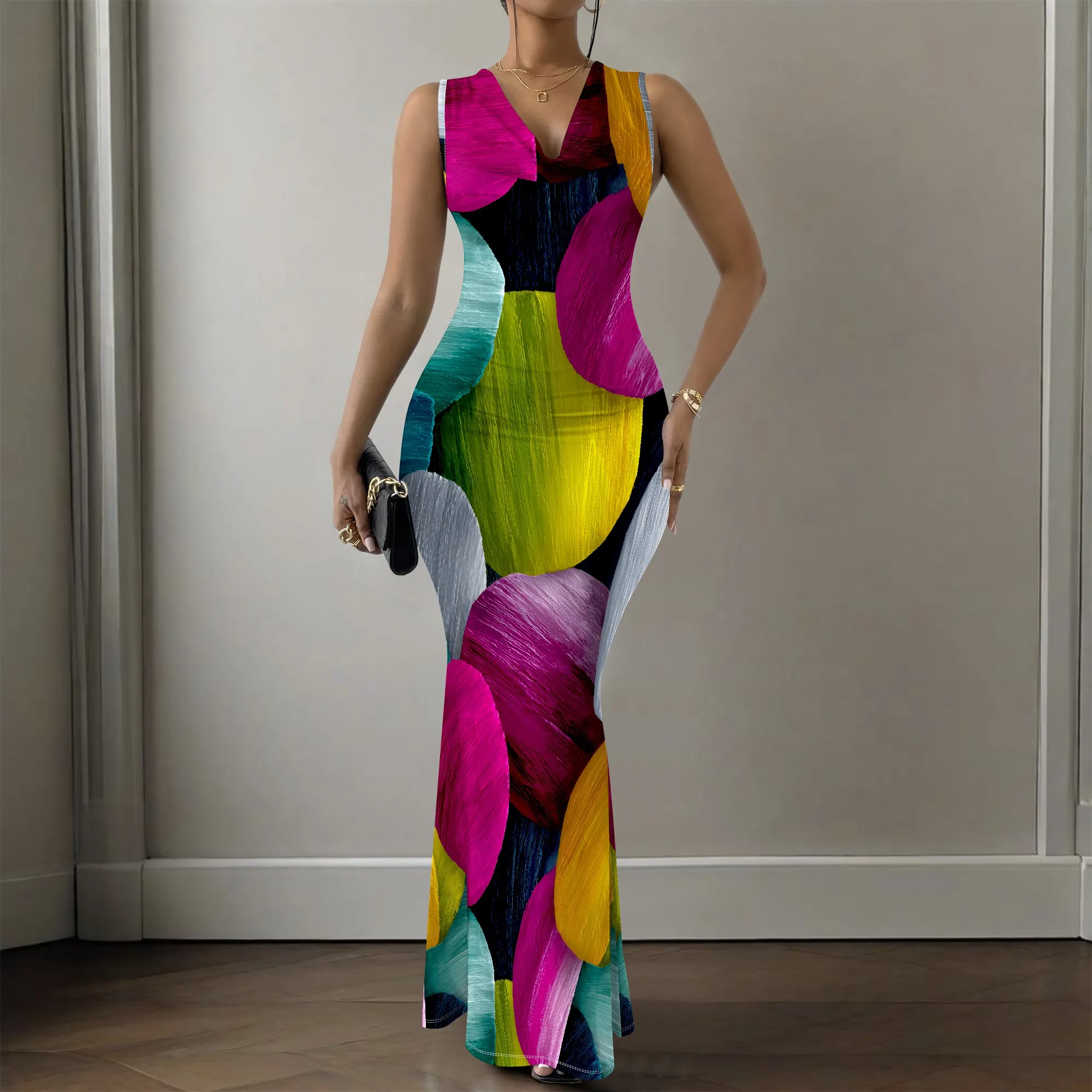 Abstract Print Cowl Neck Dress, Brushstroke Mermaid Gown, Colorful Party Maxi Dress for Women XS-2XL