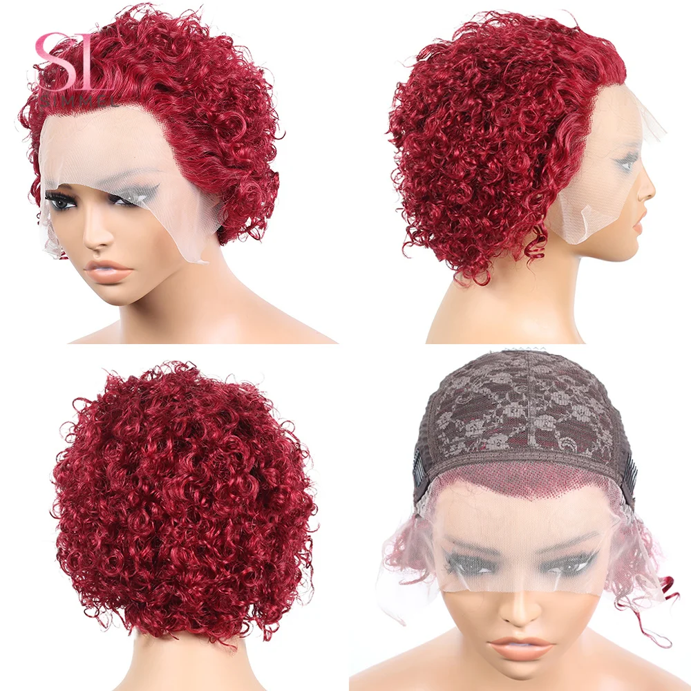 Curly Bob Peruca Curta para Mulheres, Perucas de Cabelo Humano, Onda de Água, Borgonha, Pixie Cut, 1B99j