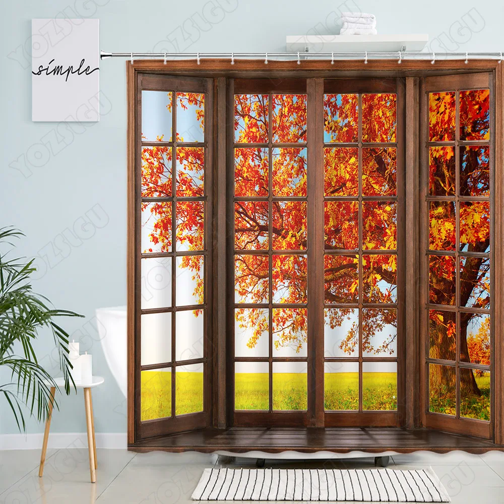 Autumn Rural Landscape Shower Curtains Brown Window Maple Trees Yellow Red Leaves Forest Scenery Bathroom Curtain Home Decor Set