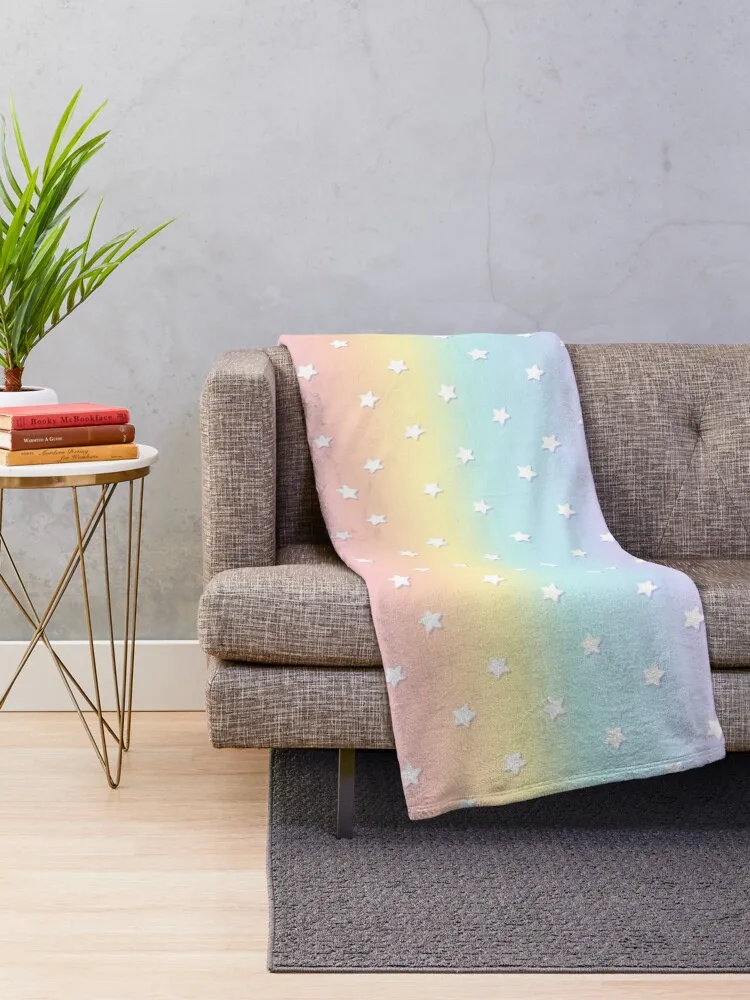 Stars Pastel Rainbow Aesthetic Kawaii Cute Pattern Throw Blanket Shaggy Soft Beds Blankets