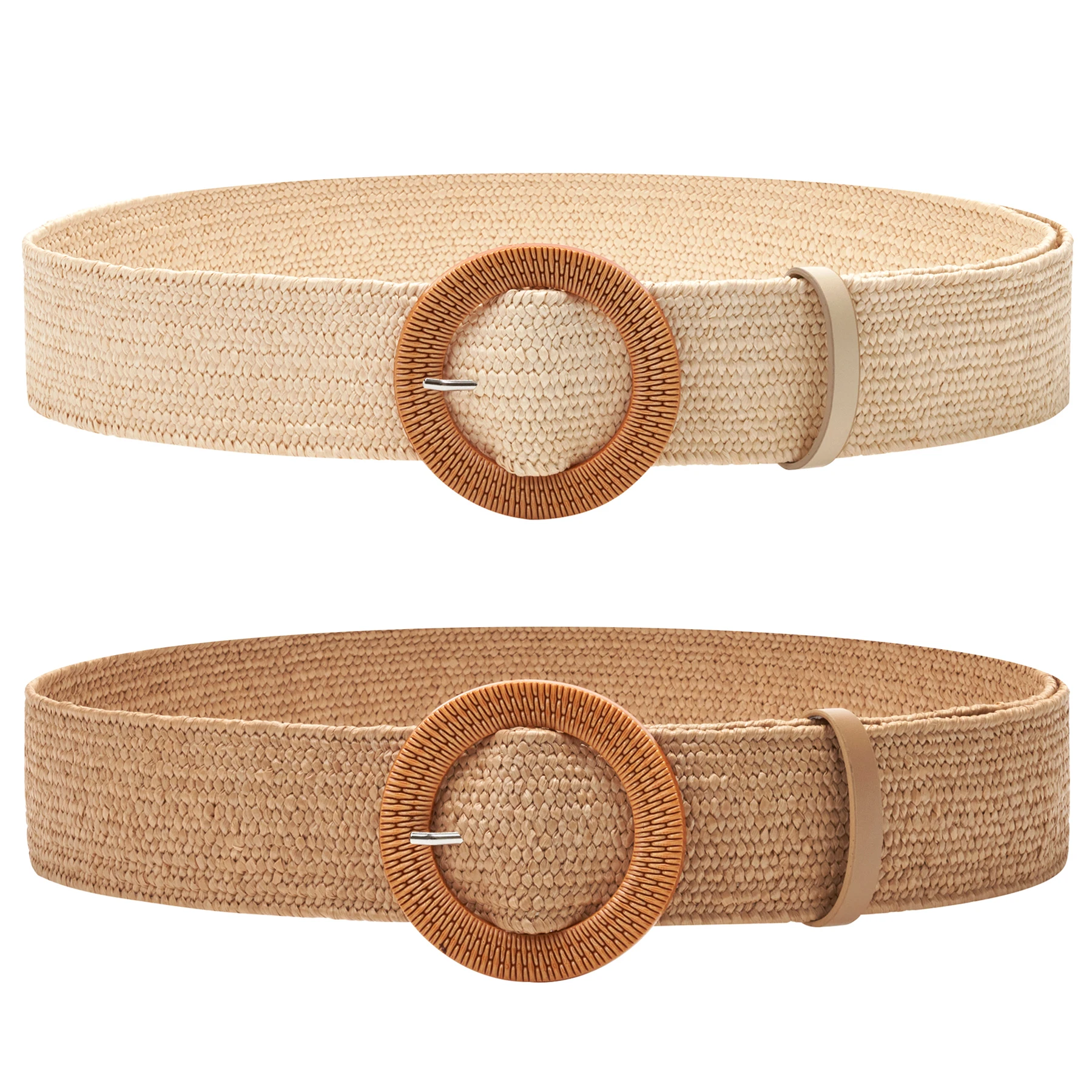

2 pack Women Straw Woven Elastic Stretch Waist Belt Skinny Boho Ladies Braided Dress Belt With Wooden Style Buckle