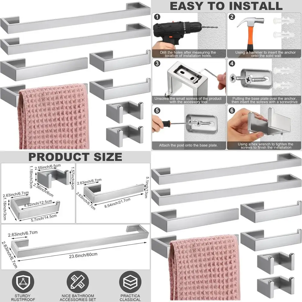 

8-Piece Brushed Stainless Steel Bathroom Hardware Set: Towel Holder, Robe Hook, Toilet Paper Holder - Wall Mounted, Silver Finis