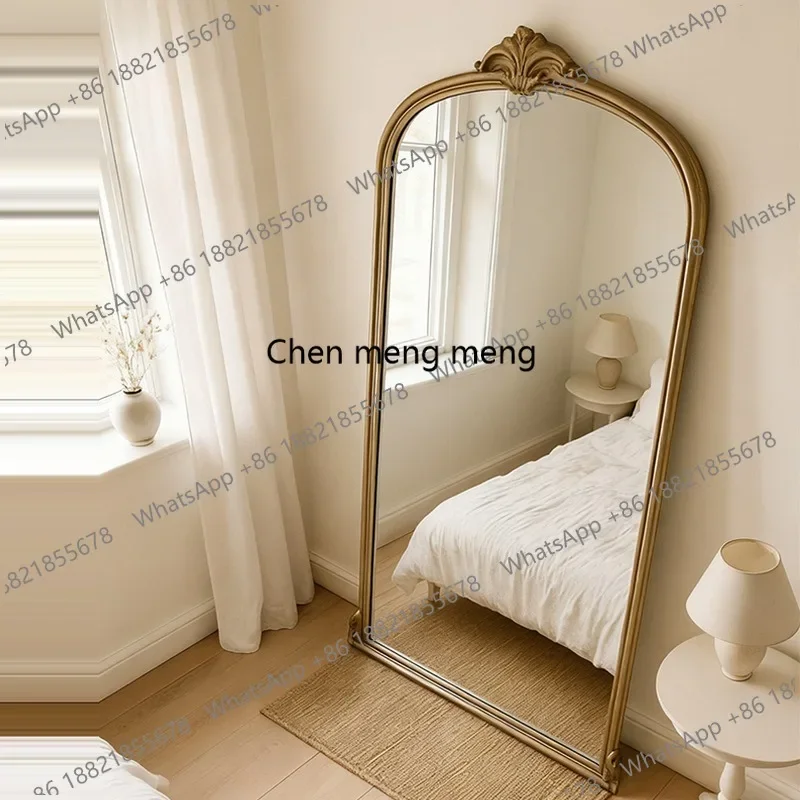 D80 French retro full-body mirror arched floor mirror wooden Nordic trench coat room wall-mounted full-length mirror