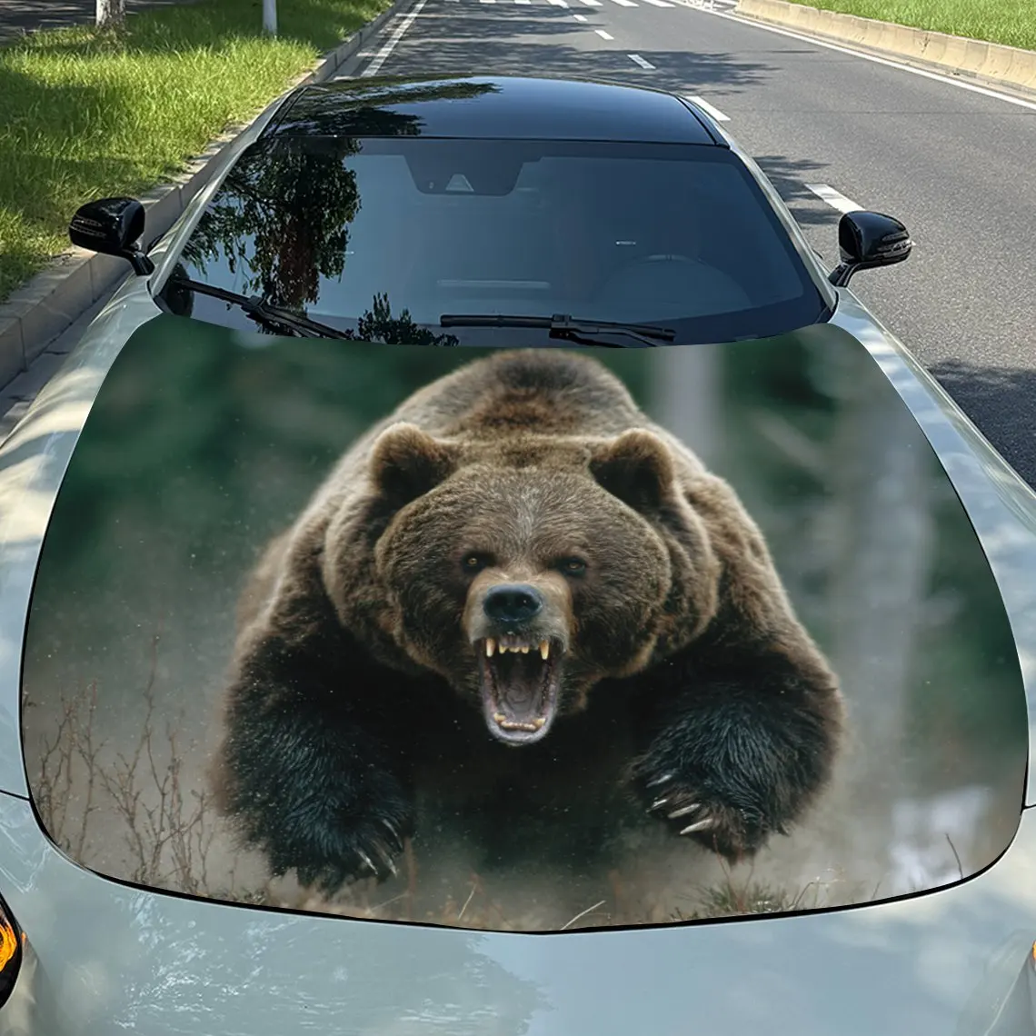 

Fierce Brown Bear Car Hood PVC Sticker, Durable Vinyl Wrap Film Suitable For Most Vehicles, Car Hood Protective Film Gift
