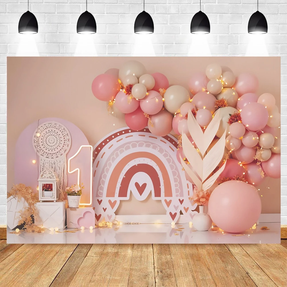 Girls 1st Birthday Backdrops Boho Style Pink Balloon Butterfly Castle Party Decor Baby Shower Background for Photography Props