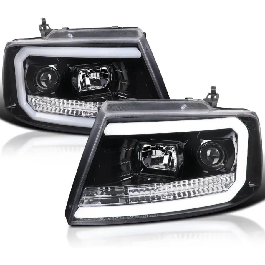 مصابيح أمامية لجهاز عرض أنبوبي LED باللون الأسود النفاث متوافقة مع 2004-2008 F150 2006-2008 لينكولن مارك LT زوج من المصابيح الأمامية اليسرى + اليمنى