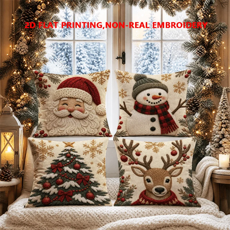 2D FLAT-4pc Christmas Festive Throw Pillow Covers Sofa and living room decoration, single-sided printing, without pillow core