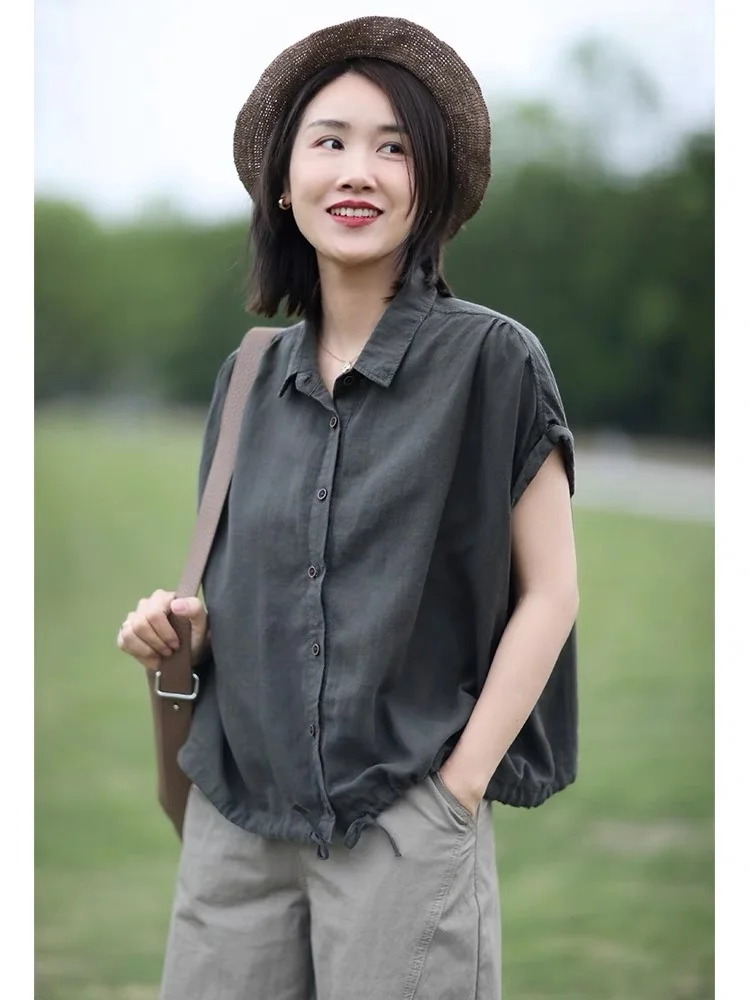 

Retro Artistic Cotton Linen irt Women's Loose Summer Casual Top ort Sve Versatile Large Size Comfortable Breathable