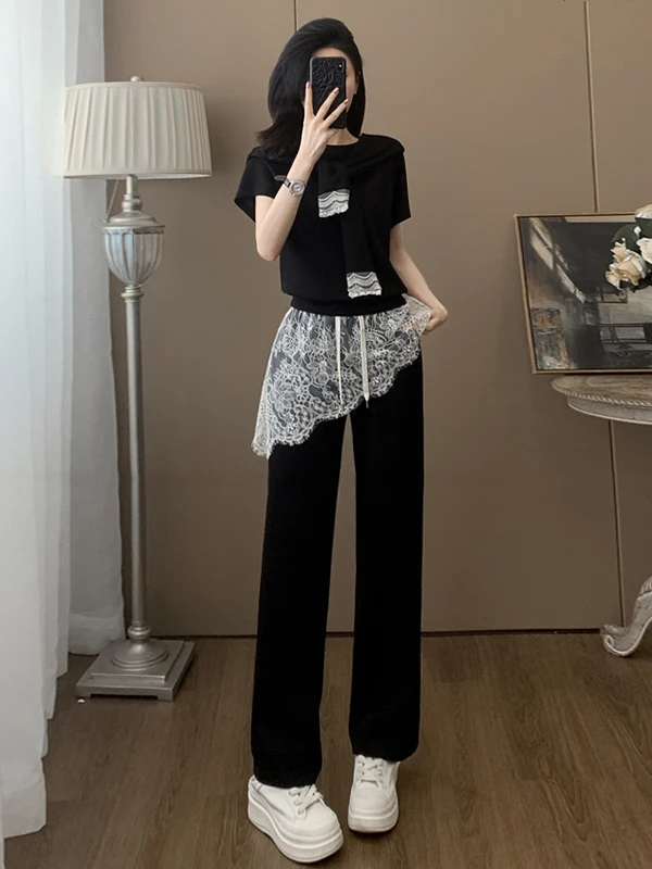 

Korean Style Casual Sportswear Set Women Summer Slimming Black Short Sleeve Lace Wide Leg Pants Three Piece Set Fashionable