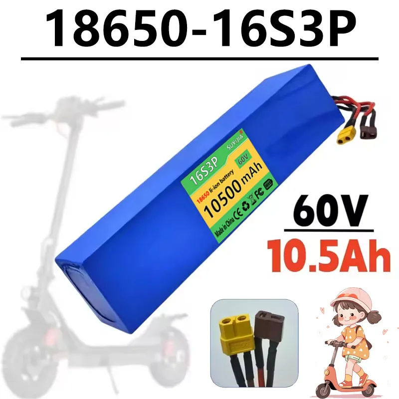60V 10.5Ah 18650 0-2000W 16S3P Lithium Battery, Suitable for Scooters, Motorcycles, Tricycles, Bicycles, Large Capacity
