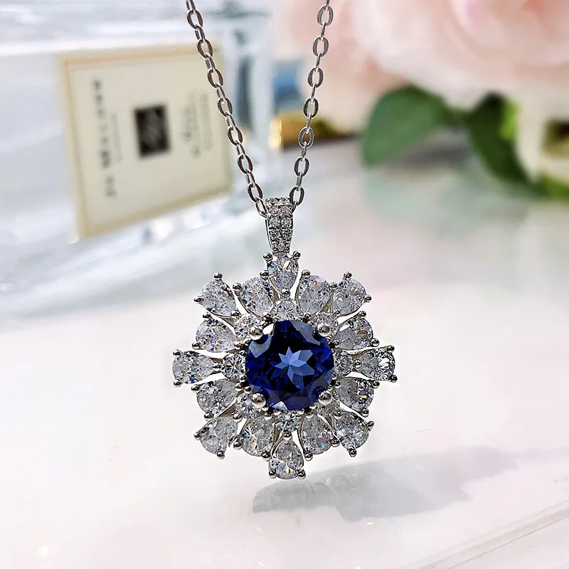 New Blue Treasure Pendant S925 Pure Silver 8.0mm European and American Women's Simple Water Wave Chain Necklace for Women