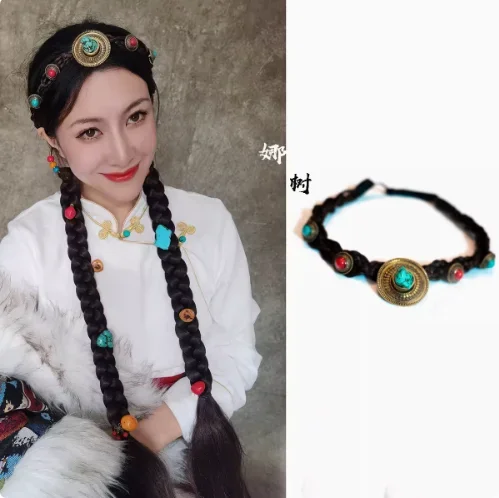Chinese Tibetan Style Elastic Turquoise Imitation Beeswax Headband Headband