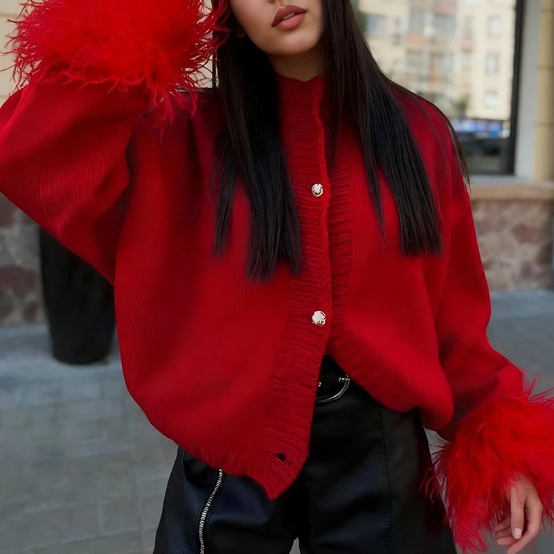 Feder Patchwork Strickjacke Mode frauen Oansatz Lange Ärmeln Pullover Casual Einreiher Einfarbig Herbst Pullover