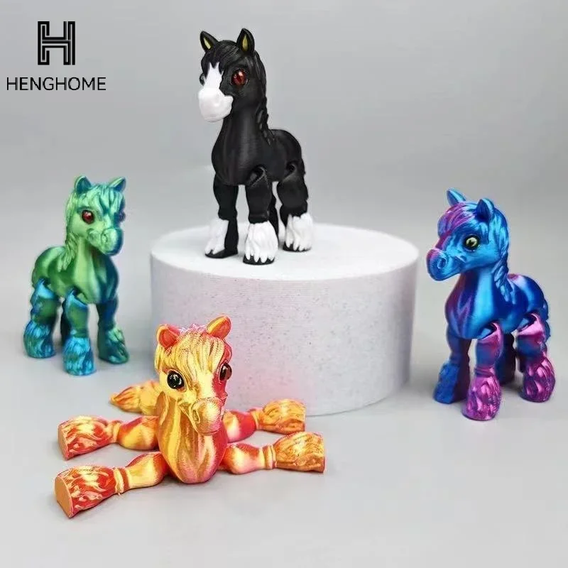 All-in-one Molding 3D Printed Horse Simulated Statue Cute Horse Joint Tail Movable Figurine Office Decor Random