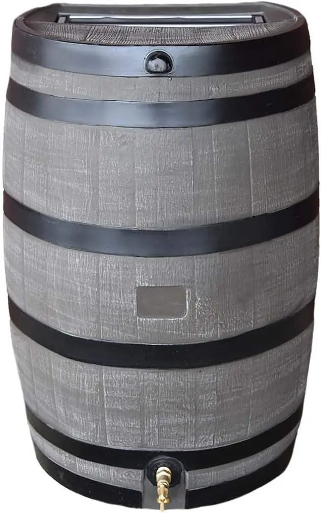 50-Gallon Rain Water Collection Barrel with Brass Spigot, Wood Grain