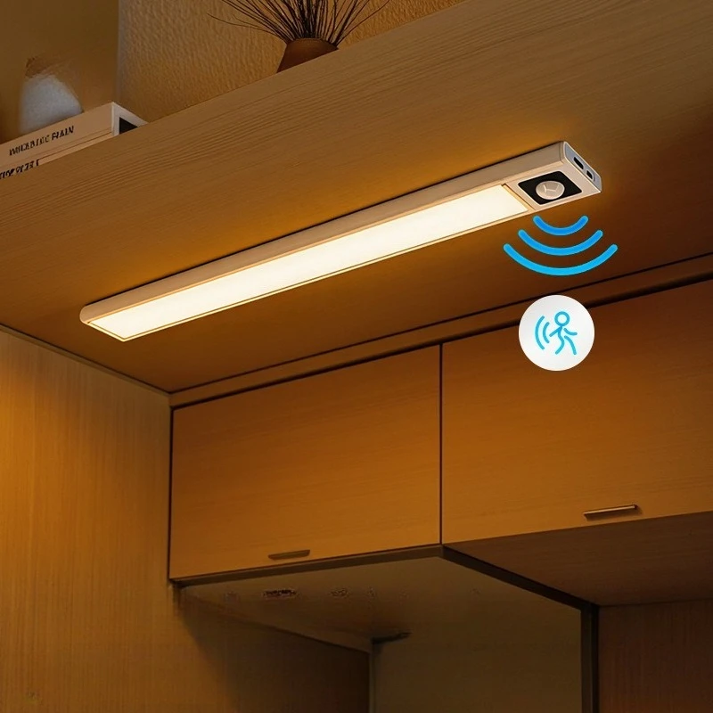 Ultra-Thin Smart LED Strip-Type Rechargeable Cabinet Light with Human-Sensor Magnetic Suction Night Light for Kitchen Pantry