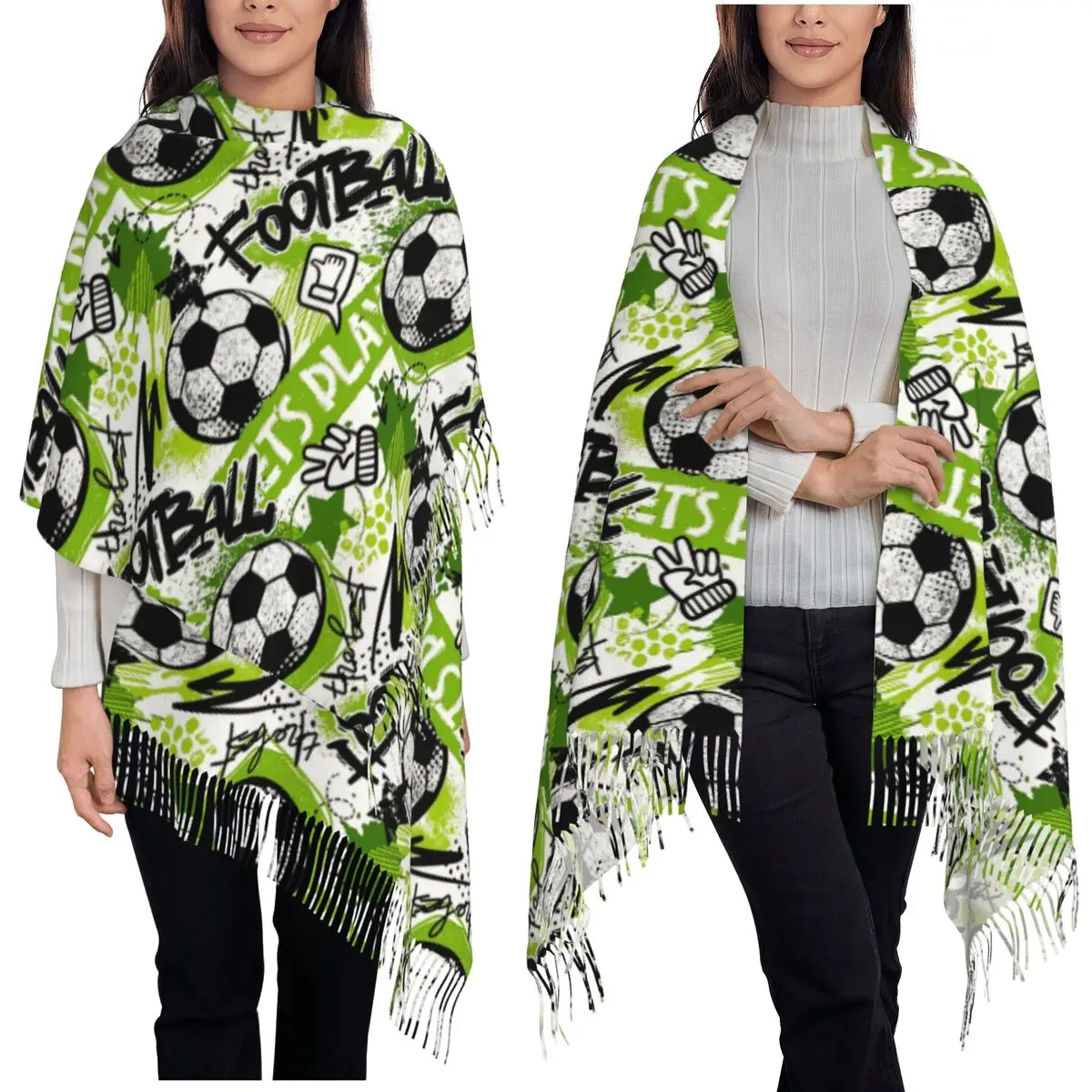 Football Graffiti Pattern Scarf Tassel Scarves Women Soft Warm Shawls and Wraps Long Fall Winter Shawl Wrap