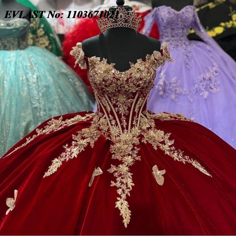 EVLAST Burgundy Quinceanera Gaun gaun bola gaun emas renda kupu-kupu Applique manik-manik dengan Cape manis 16 Vestidos De XV 15 Anos SQ39