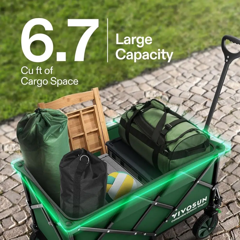 Folding Wagon 350lb Outdoor Utility Cart with Silent Wheels, Cup Holders, Side Pockets, Adjustable Handle for Camping, Gardening