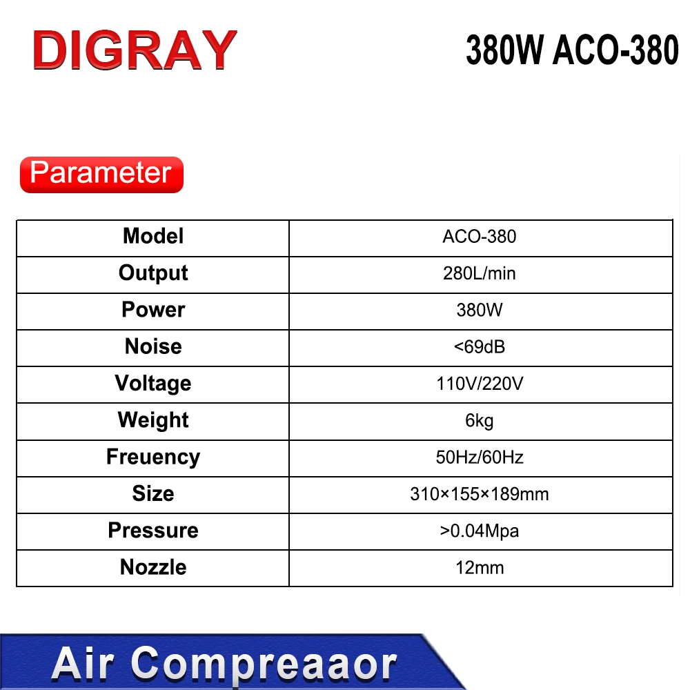 DIGRAY pompa udara Solenoid kompresor udara 380W, ACO-380 untuk mesin potong dan pengukir Laser CO2.