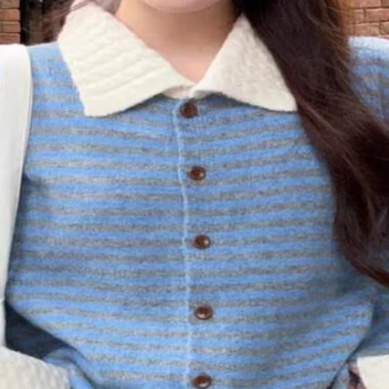 Fashion Striped Sweater Women Autumn New Retro Color Block Casual Polo Collar Versatile Knit Cardigan Top Cotton Knit Sweater