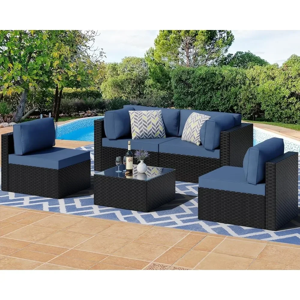 Conjunto de muebles de mimbre de PE negro, sofá seccional para Patio al aire libre, juegos de conversación de Patio con cojines lavables de vidrio, 5 piezas