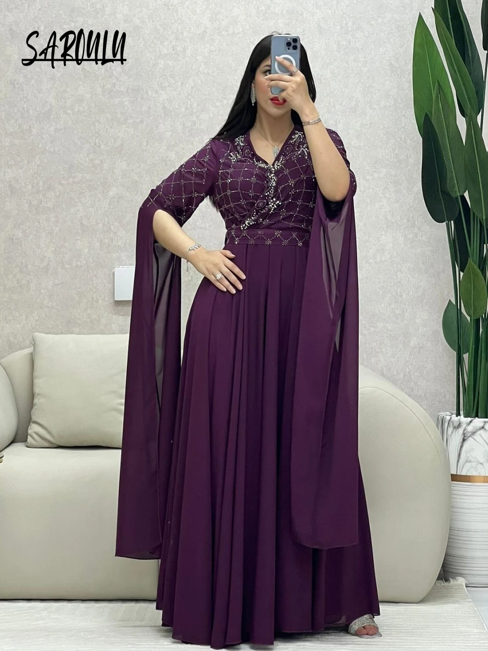 

Elegant V Neck Women Evening Dress Caftan Crystals A Line Saudi Arabia Prom Gown Customized Stunning Formal Events Long Robe