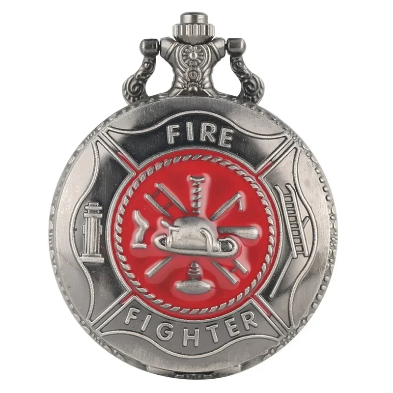 Antique Pendant Pocket Watch Engraved Firefighter Design Arabic Number Quartz Movement Clock with Fob Necklace Chain Gift