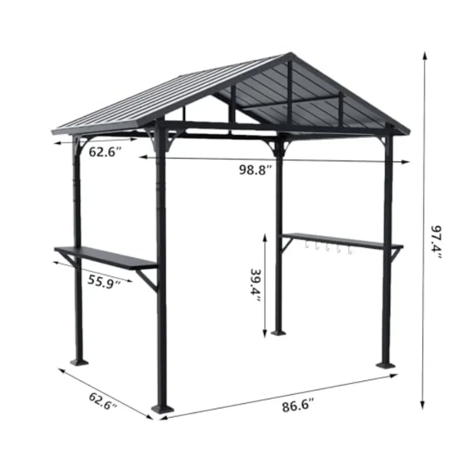 8' X 5' Grill Gazebo, Outdoor Metal BBQ Gazebo with Triangular Structure Roof and Drainage Holes, Grill Canopy with 2 Side Shel
