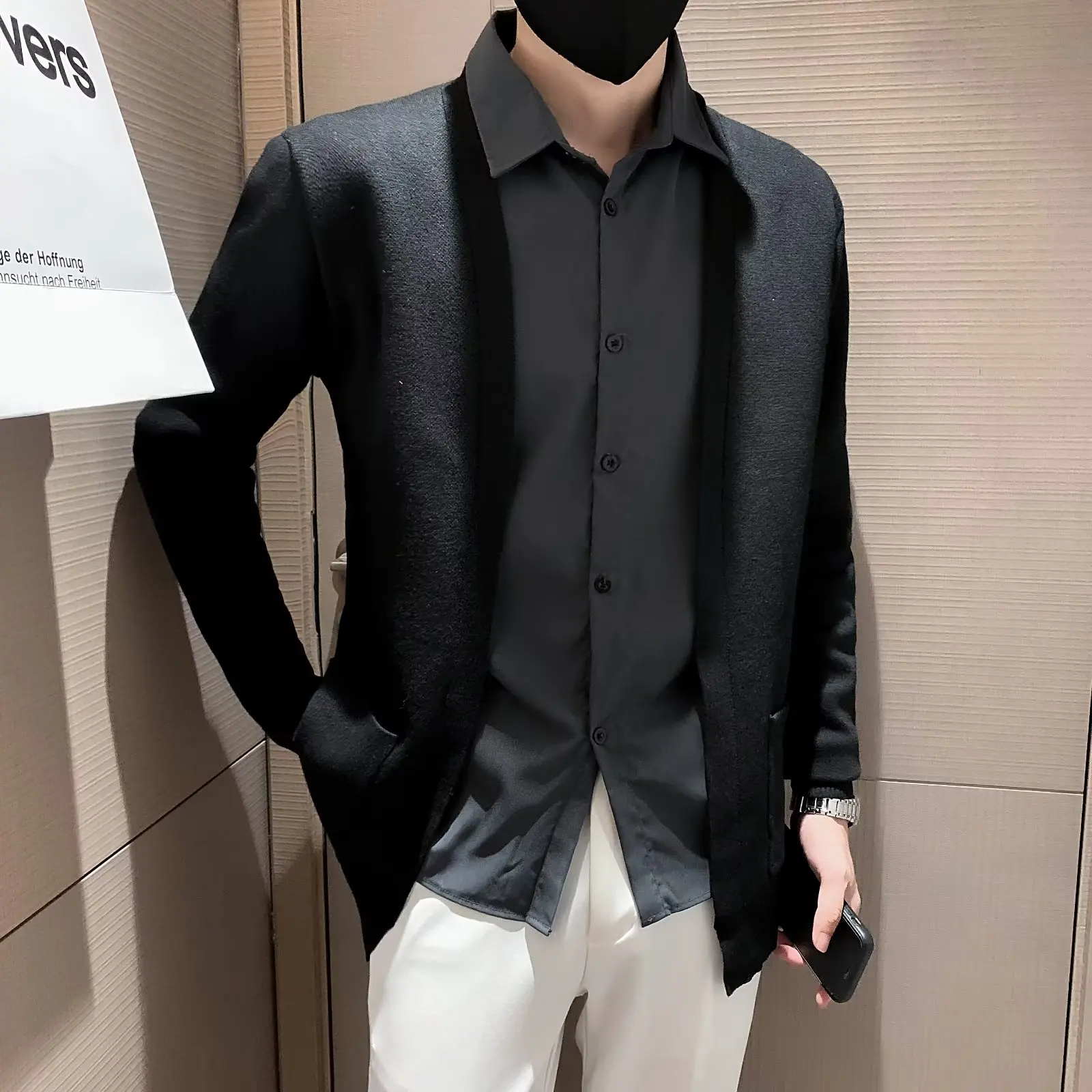 

Весенне-осенний мужской двухсекционный открытый кардиган с воротником, свитер, цветной трикотаж, дэт, корейский модный молодежный витали Sle