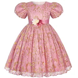 Golden Flower Print Girl Kid's Dress Vintage Lace Birthday Party Dresses for Girls Children Graduation Clothes 2 7 8 10 Years