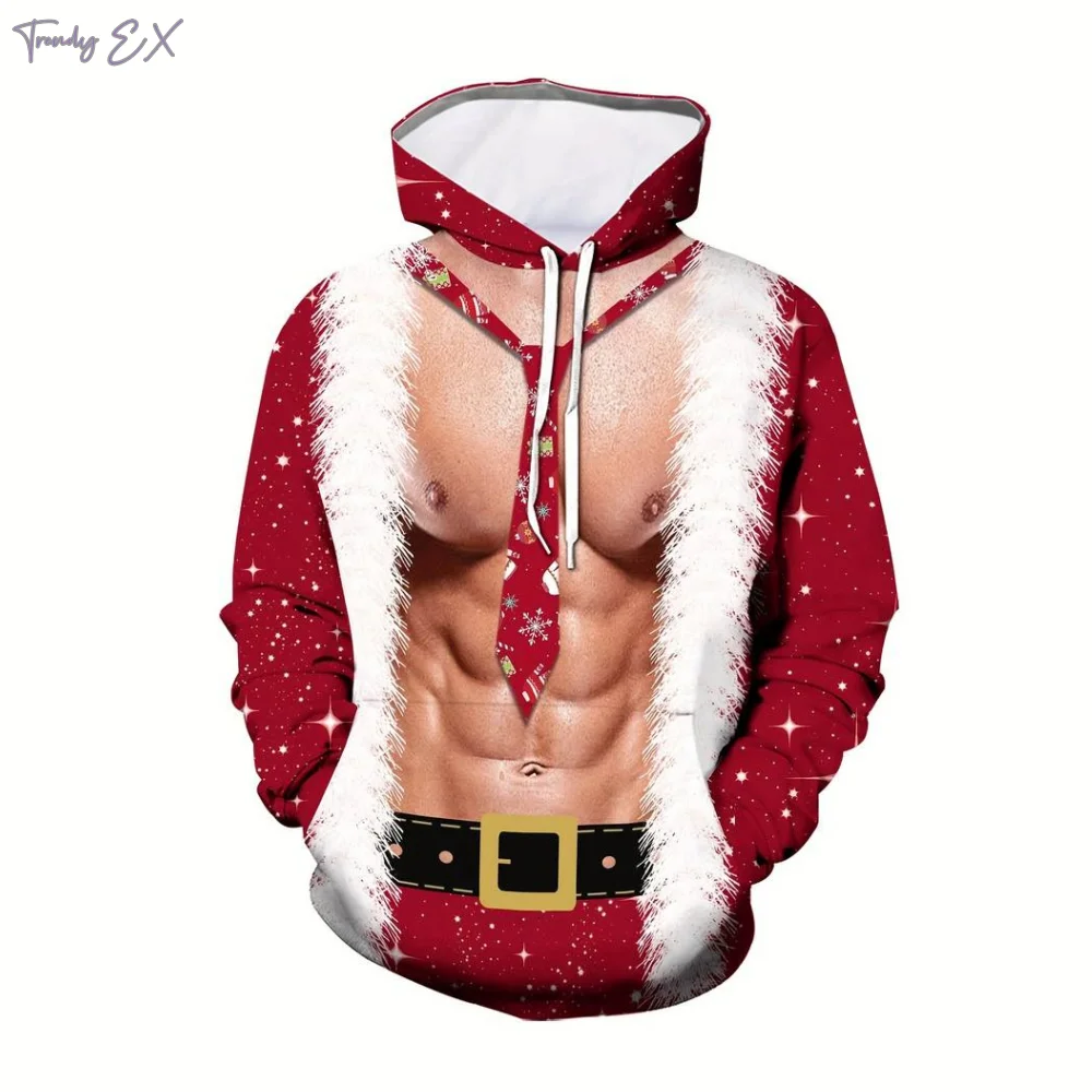 Christmas Men\'s Sweatshirt 3D Fitness Abs Print Outdoors Sports Graphic Hoodie Harajuku Kangaroo Pocket Design Mens Clothing