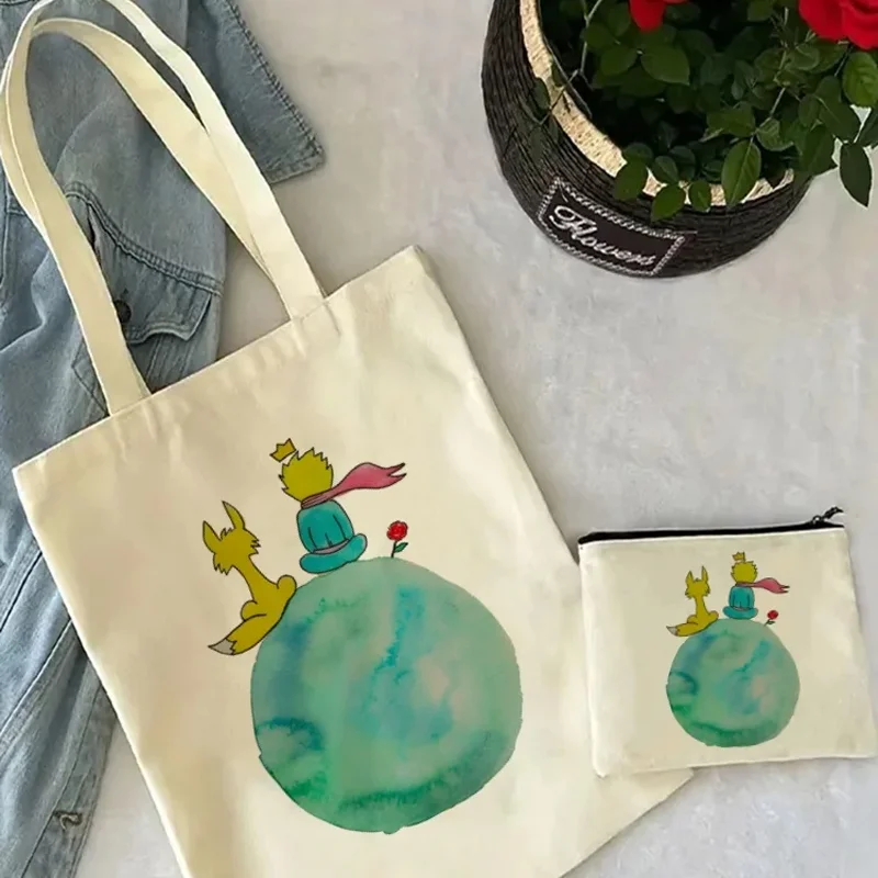 2Pcs Y2K Art Harajuku Women\'s Tote Cosmetic Bag Fashion Little Prince Earth Space Shoulder Bag Eco Large Capacity Shopping Bag