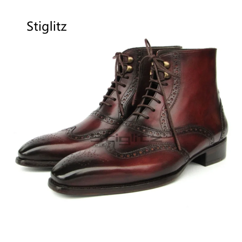 Retro Brogue Men's Boots Lace Up Genuine Leather Ankle Western Boots for Men Low Heel Small Square Toe Business Party Male Shoes