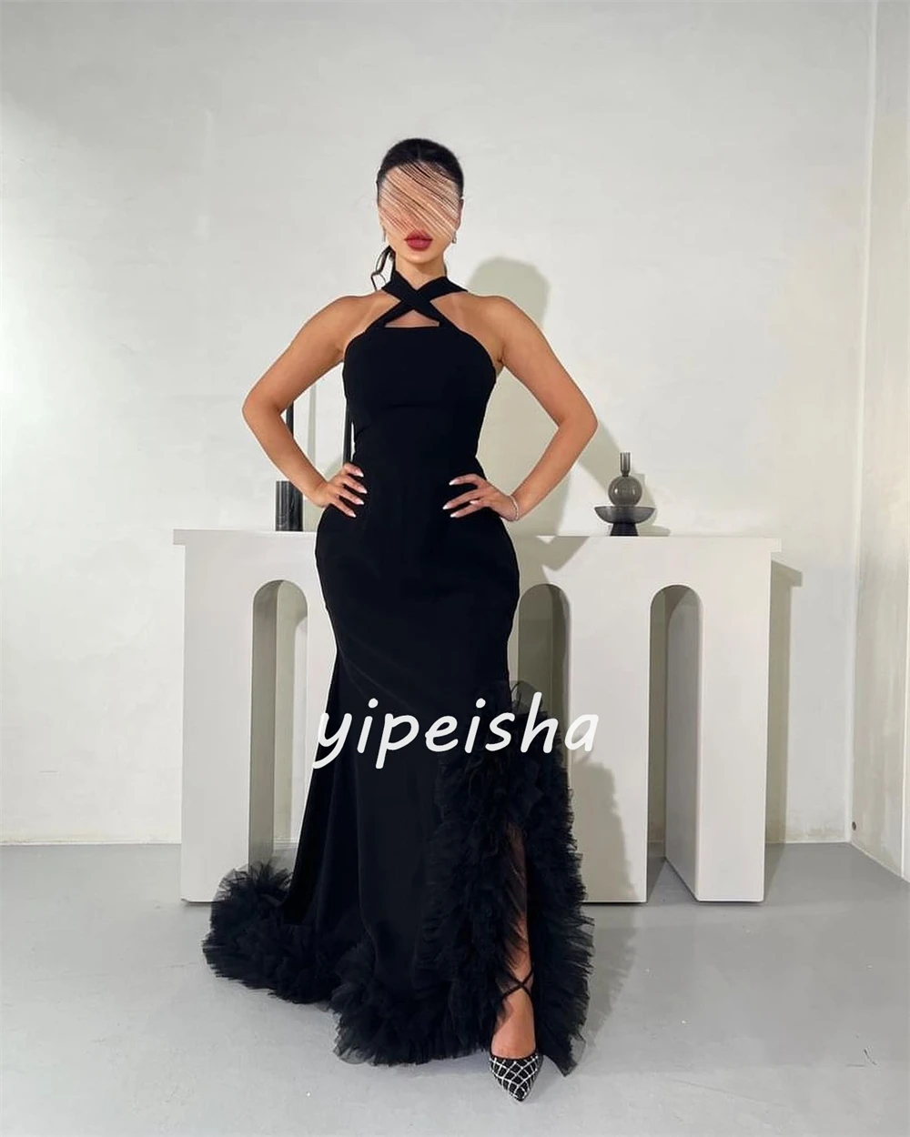 Customized Sparkle Exquisite Jersey Draped Pleat Ruched Formal Evening Mermaid Halter Bespoke Occasion Gown Long Dresses