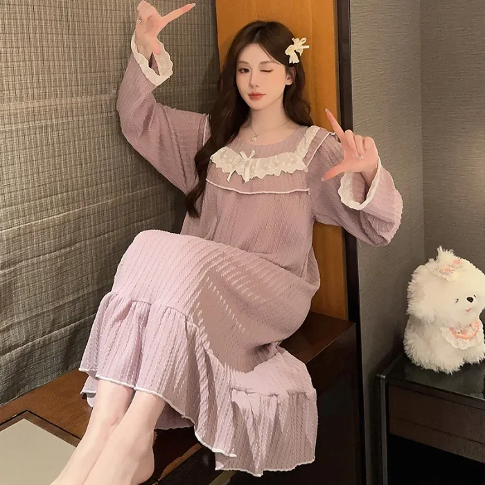 5XL Plus Size Autumn Spring Cotton Nightdress Female Lace Sweet Long Sleeve Pajamas Loose Loungewear Princess Style Home Clothes