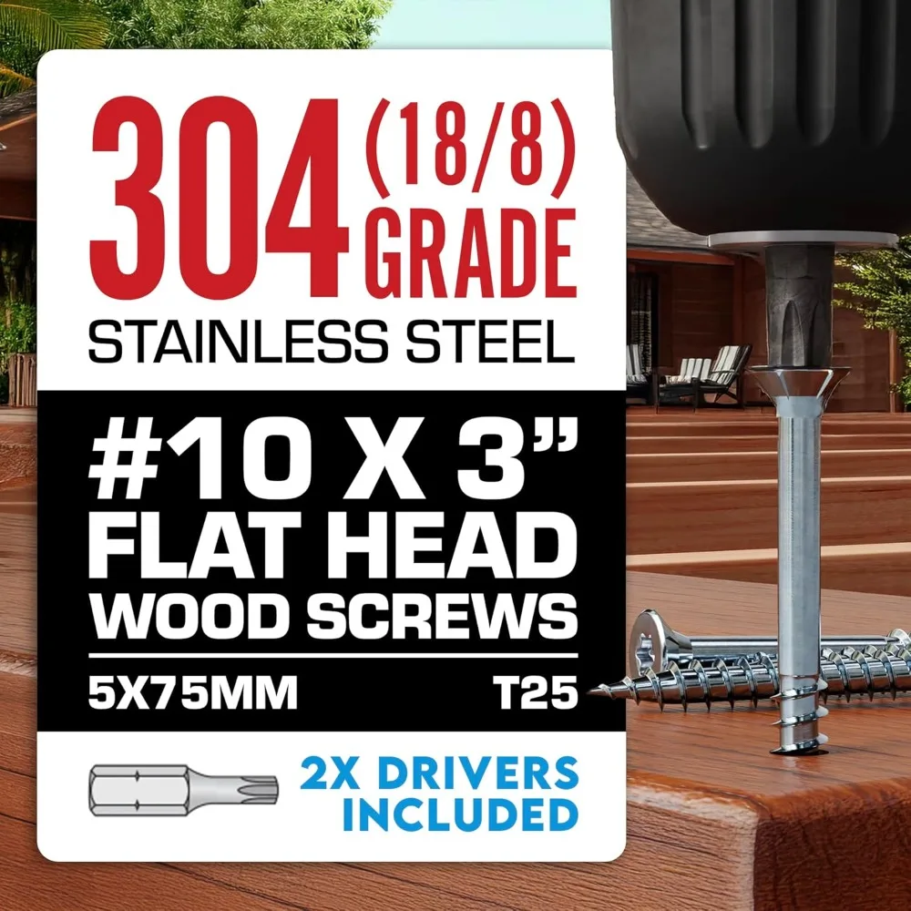 # Viti da piano in acciaio inossidabile da 10 x 3 pollici 1750 pezzi |   Testa piatta con trasmissione Torx a stella T25 |   Acciaio inossidabile di grado 304