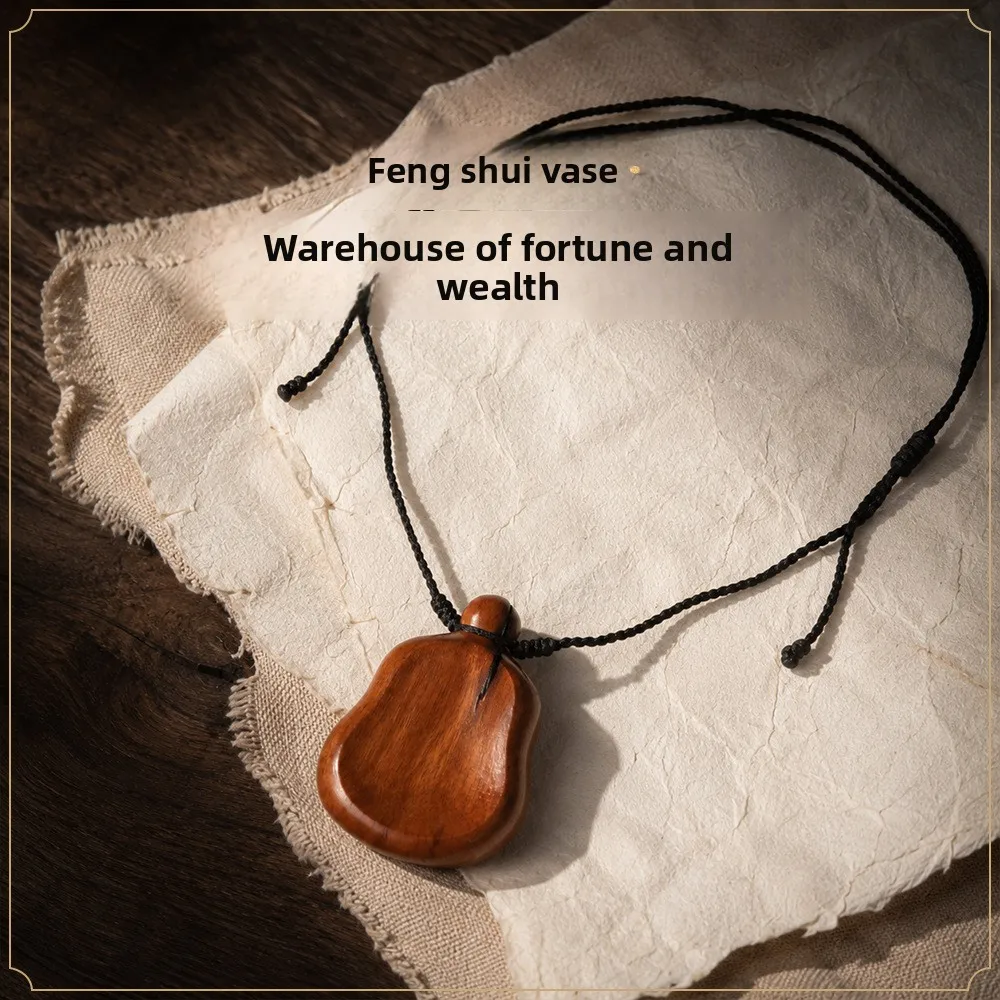 Tibetan Style Retro Handmade Thunder Struck Wood Treasure Vase Pendant Chinese Lucky Blessing Wealth Attracting Amulet Necklace