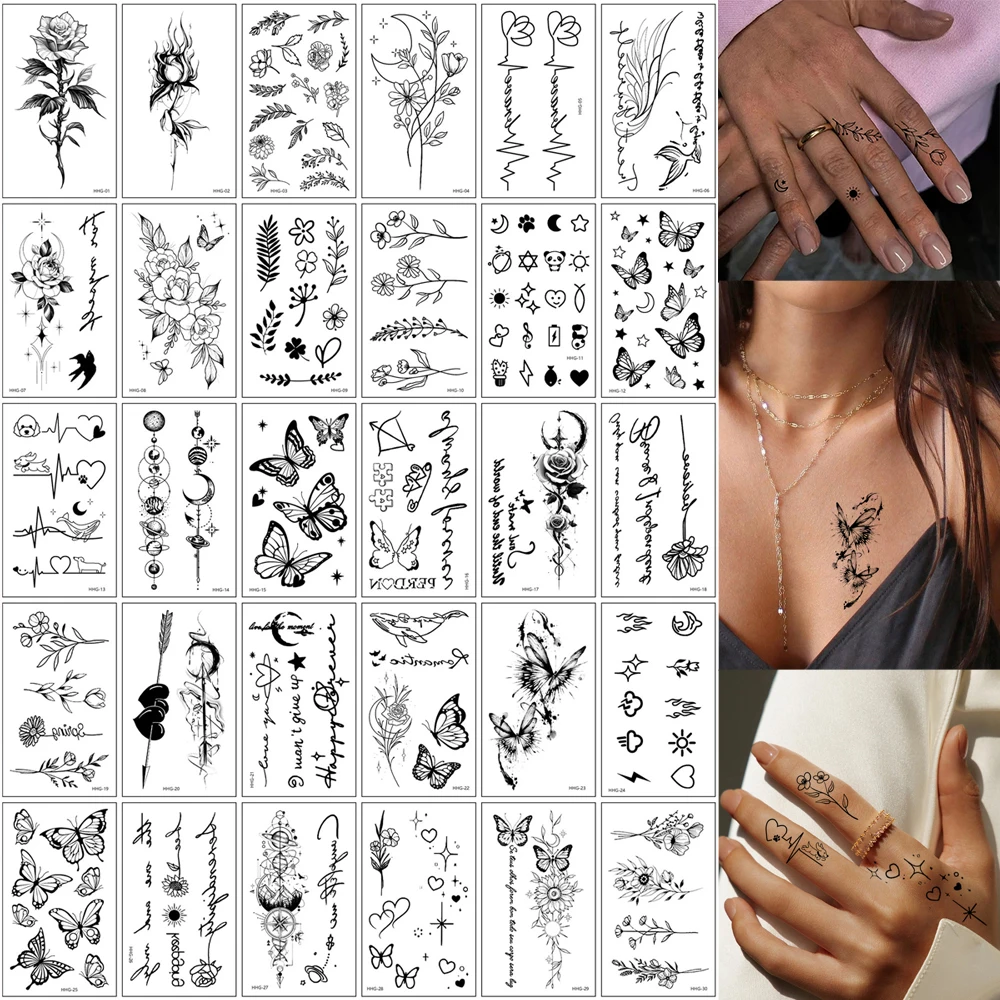 30 pièces petit faux tatouage pour femmes hommes fleur étoiles lune papillon temporaire tatouage autocollants pour main doigt poignet et Art corporel