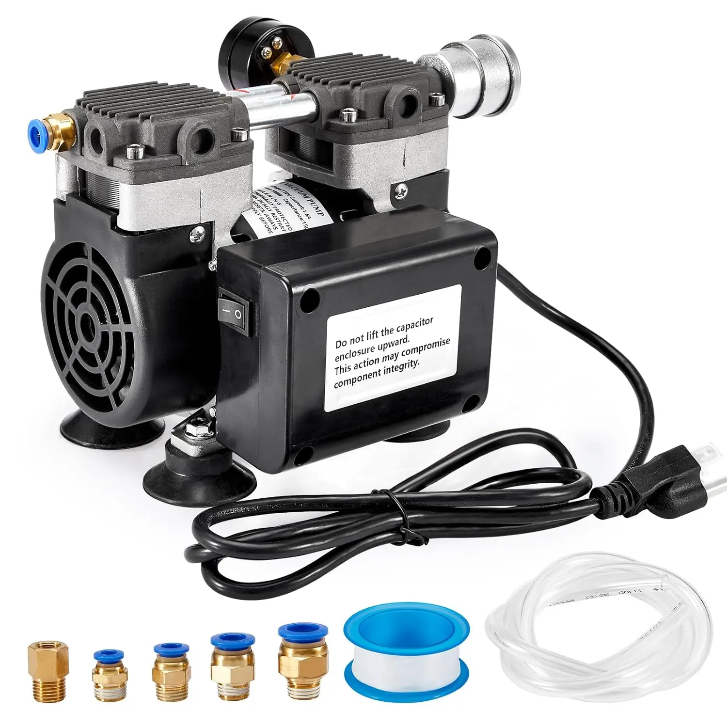 

Vacuum Pump 50 L/Min, Oilless Pump with Upgraded Capacitor, Vacuum Meter, Aluminum , 4 Quick Connectors, for Lab Electro
