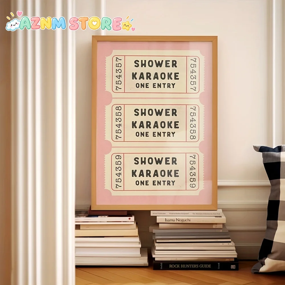 2D Flat 2027   Contemporary Vintage Pink Cream Style Unframed Canvas Print - Humorous Shower Karaoke Ticket Artwork for Bathr