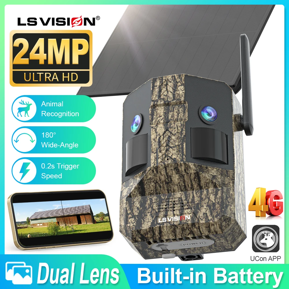 LS VISION 180° Ultra Wide View Angle Animal Recognition Hunting Cameras 4G SIM Outdoor Solar Camera Trail Ai Motion Detection